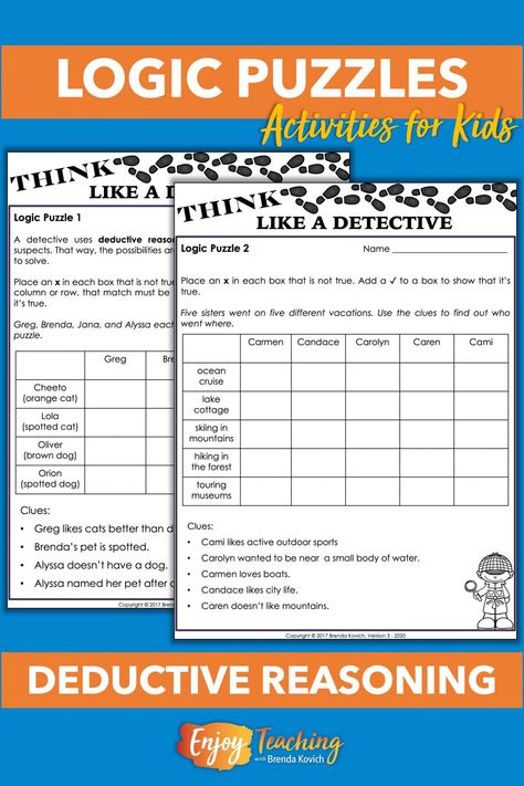 Logic Puzzles for Kids - Teaching Deductive Reasoning Logic Puzzles For Kids, Logic Puzzles Brain Teasers, Logic Games For Kids, Reasoning Activities, Logic Math, Deductive Reasoning, Grid Puzzles, Problem Solving Worksheet, Logic Problems