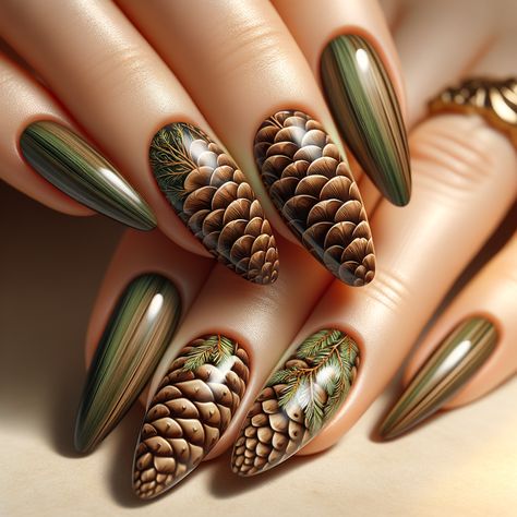 A detailed close-up of intricate pinecone nail art showcasing earthy tones and nature-inspired designs. Pine Tree Nail Art, Pinecone Nails, Nature Nails, Tree Nail Art, Color Crush, Nail Art Ideas, Nail Art Inspiration, Creative Designs, Nature Lovers