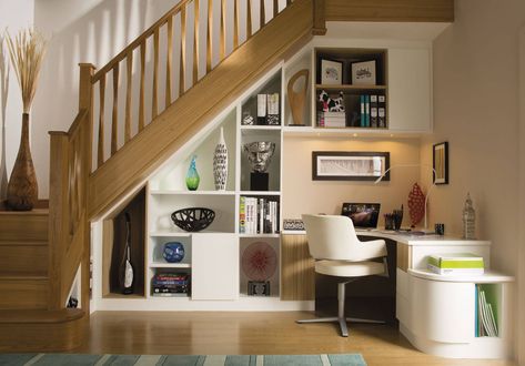 Understairs Desk, Understair Storage, Space Under Stairs, Transitional Home Office, Under Stairs Storage, Desk Idea, Home Office Built Ins, Curved Cabinets, Office Built Ins