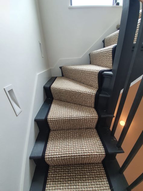 Crucial Trading Rock Rope Carpet in Kilburn | The Flooring Group Carpet Wrapped Stairs, Dark Wall To Wall Carpet, Carpet Runner On Curved Stairs, Dark Staircase With Runner, Stair Runner Corner, Curved Staircase Carpet, Carpet Runner On Stairs, Landing Carpet, Hallway Wall Colors