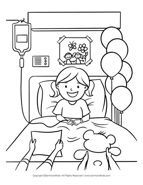 Sermons For Kids, Hospital Ideas, Manset Lengan, Sick Drawings, Childrens Sermons, Bible Coloring Pages, Bible Activities, Children's Rights, Bible Coloring