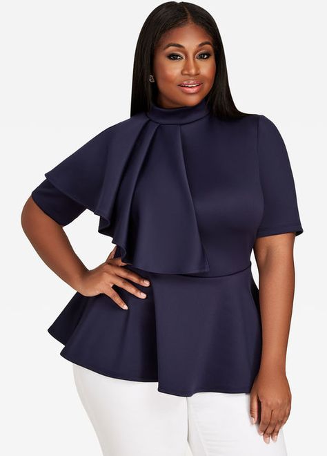 Mock Neck Ruffle Peplum Top, Navy Peplum Top Outfits Work, Fashionable Blouses, Peplum Top Outfits, Fashion Work Outfit, Plus Size Peplum, Cozy Luxury, 2piece Outfits, Trendy Plus Size Fashion, Peplum Tops