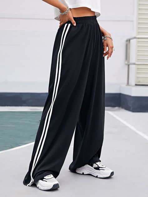 Black Casual Collar  Fabric Striped Wide Leg Embellished Slight Stretch Spring/Summer/Fall Women Bottoms Shein Sporty Outfits, Adidas Trousers, Side Stripe Trousers, Looks Adidas, Crochet Sweater Design, Womens Palazzo Pants, Trendy Trouser, Striped Sweatpants, Palazzo Trousers