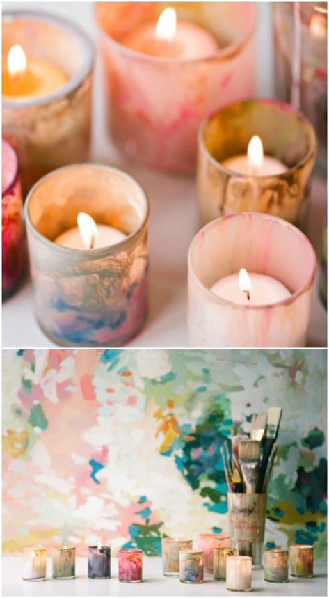 15 Decorative And Easy Candles And Votives You Can DIY For Under $1 {Easy projects with tutorial links} Artist Wedding Invitations, Glass Votives Wedding, Votives Diy, Watercolor Wedding Cake, Glass Votives, Place Holder, Art Help, Diy Candle Holders, Painted Candles