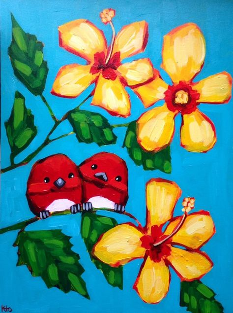 Hawaii Life: Bird Painting by kto Art - kto ART Paintings Oil Pastels, Oil Pastels Easy, Hawaiian Birds, Art Markers Drawing, Garden Fence Art, Yellow Hibiscus, Whimsical Paintings, Easy Canvas Painting, Hawaii Life