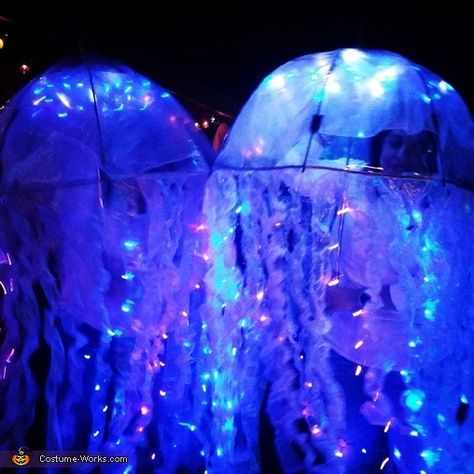 Alina: Marci and I made the Costumes out of Clear umbrellas from wal-mart and sheer fabrics that we sewed a single string through to make the tentacles. We also purchased some... Jellyfish Costume Diy, Jellyfish Halloween Costume, Umbrella Jellyfish, Jellyfish Halloween, Diy Jellyfish, Jellyfish Costume, 2015 Halloween Costumes, Jellyfish Light, Fish Costume