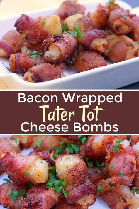 Tater Tot Appetizers, Bacon Wrapped Tater Tots, Bacon Wrapped Cheese, Tater Tot Recipes, Bacon Appetizers, Fingerfood Party, Bombe Recipe, Tater Tots, Party Appetizers