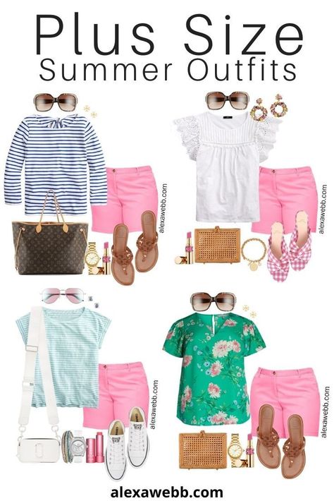 Plus Size Pink Shorts Outfits with Sandals - Plus Size Summer Outfit Ideas - Alexa Webb #Plussize #Alexawebb Plus Size Preppy Outfits Summer, Plus Size Summer Shorts Outfits, Pink Short Outfits, Pink Shorts Outfits Summer, Plus Size Summer Outfit Ideas, Pink Shorts Outfit, Outfits With Sandals, Plus Size Shorts Outfit, Pink Shorts Outfits