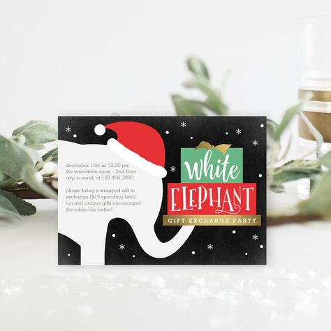 White Elephant Gift Exchange Party Invitation White Elephant Invitation, Elegant Holiday Party, Girl Dinosaur Party, Gift Exchange Party, White Elephant Gift Exchange, New Years Eve Invitations, Cool Stationery, Holiday Gift Exchange, White Elephant Party