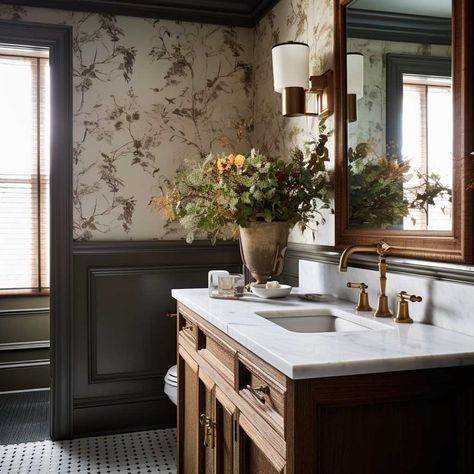 Traditional Bathroom With Wallpaper, Dreamy Master Bathrooms, Small Bathroom Ideas Traditional, Old World Powder Room, Traditional Cottage Bathroom, Modern Victorian Bathroom Small, Timeless Powder Room Ideas, Old Home Bathroom Remodel, European Inspired Bathroom