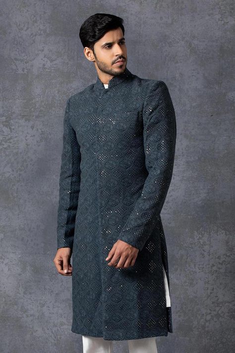 Buy Ankit V Kapoor Blue Pure Georgette Lucknowi Embroidered Sherwani Set Online | Aza Fashions Traditional Indian Mens Clothing, Indian Wedding Suits Men, Blue Sherwani, Indian Wedding Clothes For Men, Sherwani For Men Wedding, Wedding Kurta For Men, Embroidered Sherwani, Groom Dress Men, Groom Photoshoot