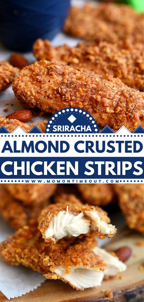 Sriracha Almond Crusted Chicken Strips Healthy Chicken Strips, Chicken Stripes, Almond Crusted Chicken, Low Carb Gluten Free Recipes, Almond Bread, Almond Chicken, Tasty Meat, Yummy Chicken, Whole Roasted Chicken