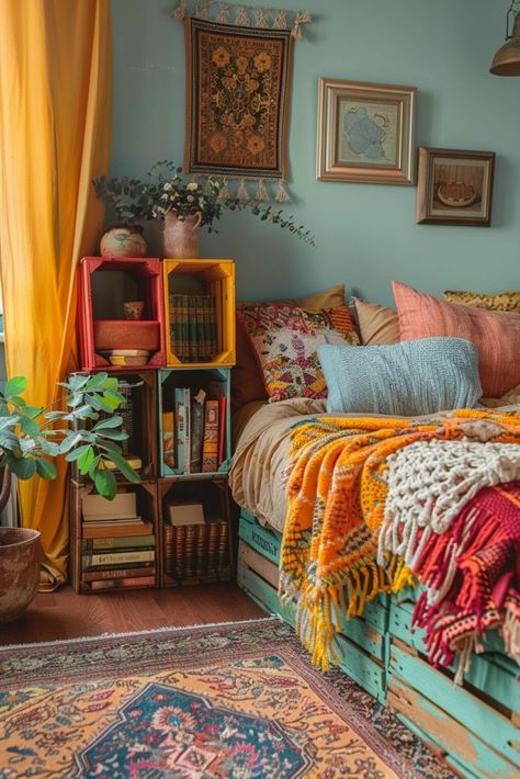 29 Boho Bedroom Storage Ideas to Maximize Space with Style 1 Colourful Boho Decor, Boho Bedroom Storage, Eclectic Maximalism Bedroom, Vibrant Bedroom Ideas, Colorful Bohemian Bedroom Decor, Bedroom References, Colorful Bohemian Bedroom, Boho Eclectic Bedroom, Colorful Crates