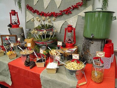 there are soo many things I love about this tablescape! Especially the bandana banner. Make your own trailmix table!!! Better than the candy table. Loooove it. kids would have fun doing this Eagle Ceremony, Blue And Gold Banquet, Eagle Scout Ceremony, Eagle Court Of Honor, Eagle Scout Court Of Honor, Camp Party, Court Of Honor, Camping Theme Party, Camping With A Baby