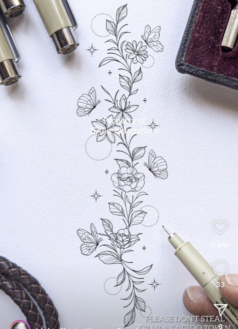 Floral Vines Tattoo, Vertical Flower Tattoo, Floral Spine Tattoos For Women, Tattoos For Women Spine, Vertical Tattoo Design, Floral Spine Tattoo, Flower Spine Tattoo, Wrap Around Tattoo, Wrap Tattoo