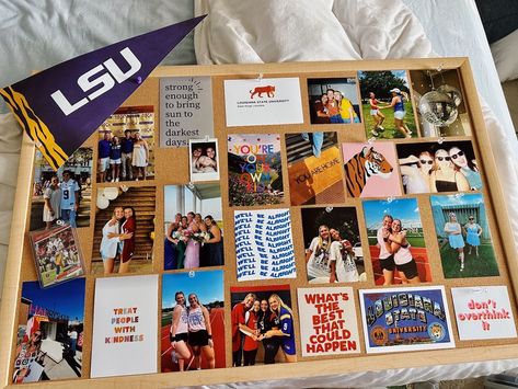 Bulletin Board College Dorm, Bulletin Board Ideas Dorm, Vision Bulletin Board Ideas, Lsu Dorm Room Ideas, Lsu Dorm, Dorm Bulletin Boards, College Bedroom Decor, College Bedroom, Cork Boards