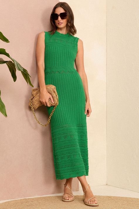 Green Crochet Dress, Knitted Dress Outfit, Cocoon Jackets, Knitted Midi Dress, Crochet Summer Dresses, Crochet Knit Stitches, Love Roses, Dress Knit, Beachwear Skirt