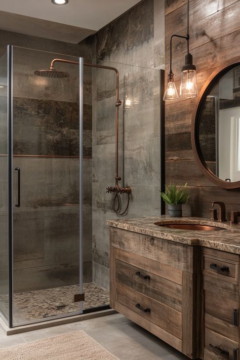 Transform your space with this stunning modern bathroom idea! The rustic wood accents paired with sleek fixtures create a perfect blend of style and warmth. Reimagine your shower with these unique designs! #ModernBathroomIdeas #HomeDecor #BathroomInspo Rustic Dark Bathroom, Walk In Shower Wood Tile, Ranch Master Bath, Modern Mountain Bathroom Ideas, Modern Mountain Home Master Bath, Modern Industrial Farmhouse Bathroom, Log Cabin Bathroom Ideas Rustic, Men’s Dark Bathroom Ideas, Ranch Bathroom Ideas