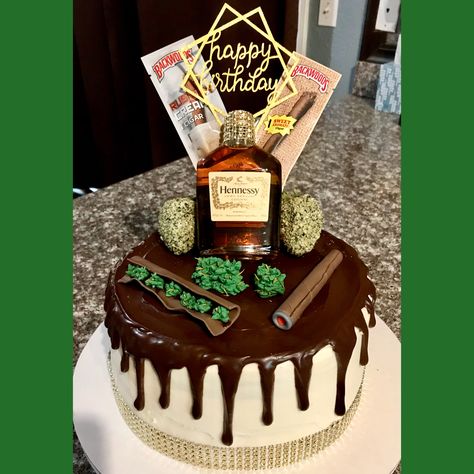 Blunts & Hennessy cake Backwoods cake Weed cake Funny 21st Birthday Cake For Guys, Cool Cakes For Men, Hennesy Cake For Him, Hennessy Cake For Him, Backwoods Cake, Henny Cake, Men’s Birthday Cake Ideas, Cakes For Guys, Men Birthday Cakes