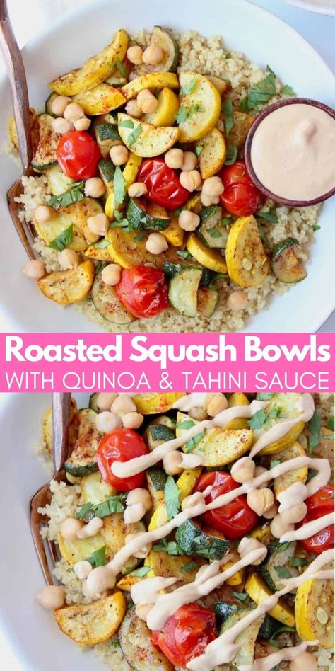 These quinoa bowls are a delicious way to use up all of the summer vegetables in your garden! Oven roasted summer squash, zucchini and cherry tomatoes are topped with the most delicious lemon tahini dressing in these healthy, vegan bowls! Garden Oven, Roasted Summer Vegetables, Zucchini Quinoa, Roasted Summer Squash, Squash Quinoa, Summer Squash Recipes, Squash Zucchini, Cherry Tomato Recipes, Quinoa Bowls