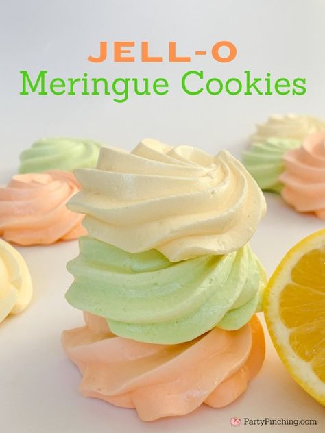 easy Jello meringue cookies, citrus cookies, orange lemon lime meringue Angel Food Cookies Recipes, Merangue Recipe Cookies Easy, Coconut Meringue Cookies, Flavored Meringue Cookies, Non Sweet Dessert Ideas, Pistachio Cherry Cookies, Jello Meringue Cookies, Mirangue Cookies, Meringue Cookies Christmas