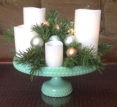 Jadeite cake plate Christmas centerpiece Cake Plate Christmas Decor, Decorating With Jadeite, Jadeite Christmas Tree, Cake Plate Decor Display, Jadeite Christmas, Christmas Trays, Cake Stand Decor, Cottagecore Living, Shop Displays