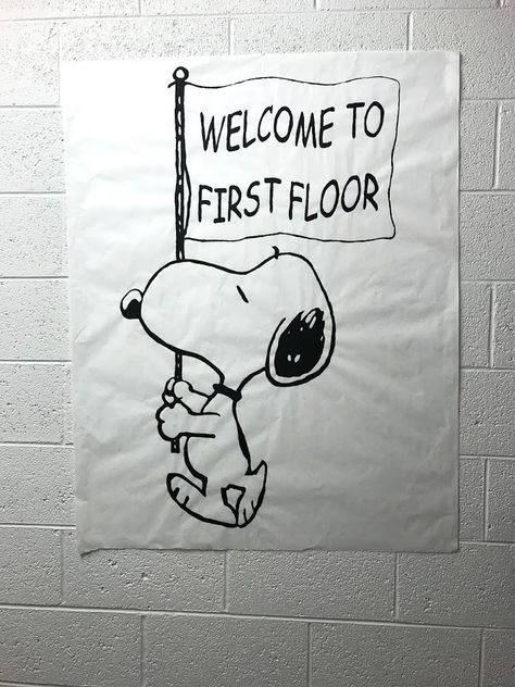 Hallway School Decorations, College Hallway Decorations, Snoopy Ra Bulletin Board, Peanuts Ra Theme, Snoopy Door Decs, Floor Themes Residence Hall, Ra Dorm Room Ideas, Snoopy Classroom Theme, Ra Decorations Hallways