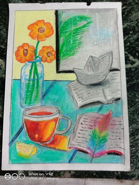 Rainy Day Food, Rainy Day Recipes, Tea Book, Background Drawing, Oil Pastel Drawings, Paper Boat, Camera Shots, Pastel Drawing, Cup Of Tea