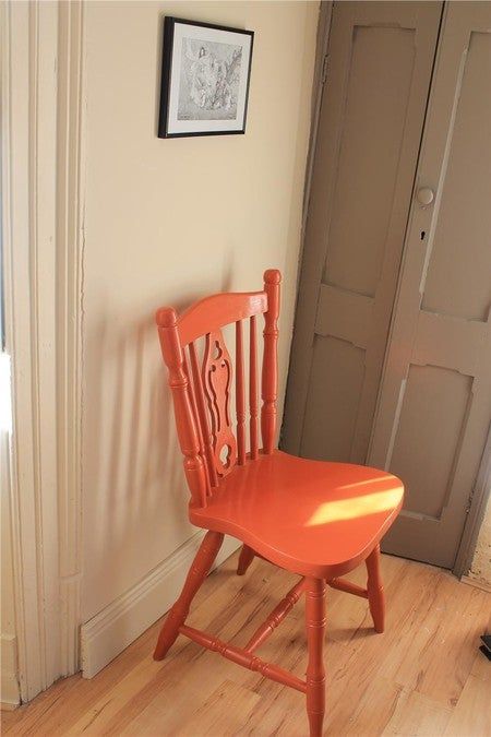 Oak kitchen chair painted in Charlottes Locks, walls and skirting in Matchstick, door in Charleston Gray Charlotte's Locks, Painting Kitchen Chairs, Orange Kitchens, Grey Cupboards, Santa Cecilia, Farrow And Ball Paint, Kitchen Chair, Wall Exterior, Farrow And Ball