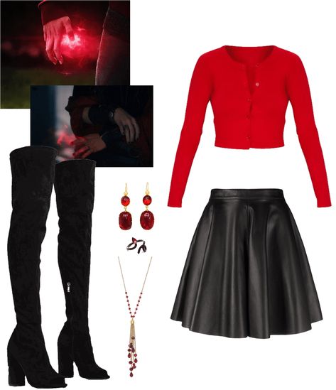 Wanda Maximoff Outfit, Dinner In Paris, Black Thigh High Boots, Black Thigh High, Beaded Tassel Necklace, Wanda Maximoff, Gold Baby, Long Red, Outfit Maker