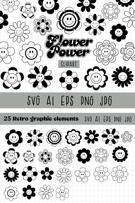 Hippy Flower Tattoo, Smiley Face Flower Tattoo, Smiley Flower Tattoo, Groovy Flower Tattoo, Hippie Flower Tattoos, 70s Clipart, Groovy Tattoo, 80s Flowers, 70s Illustration