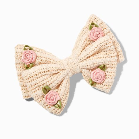 You can never go wrong with a pretty hair bow. Perfect for the holidays or any time you want to look your best, this knit bow hair clip has a soft finish and rosette details.Closure: Barrette clipMaterial: Polyester, Metal - Claire's Ivory Rosette Crochet Hair Bow Clip Crochet Bow Hair Clip, Crochet Hair Bow, Crochet Hair Bows, Knit Bow, Crochet Bow, Piercing Kit, Headband Crochet, Hair Bow Clip, Metal Headband