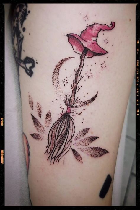 Witchy Tattoos Fine Line, Salem Witch Tattoo, Which Tattoos, Broom Tattoo, Coolest Tattoos, Salem Trip, Witchcraft Tattoos, Magic Broom, White Tattoos