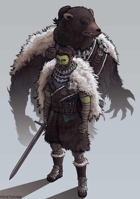 ArtStation - Half orc and his bear form, Jimi S (PocketChicken) Orc Armor, Orc Barbarian, Half Orc Barbarian, Dnd Orc, Dnd Npc, Fantasy Story Ideas, Character Commission, Half Orc, Blood Hunter