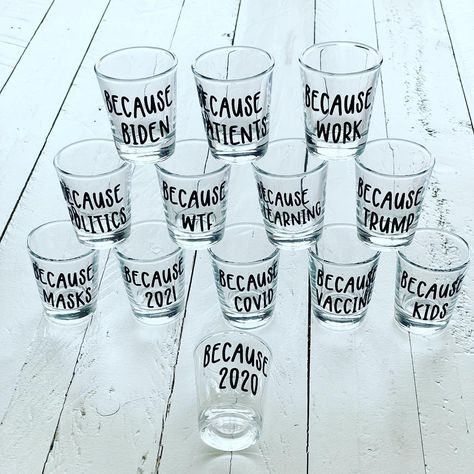 1.5 oz Clear glass shot glasses with customization option. Choose your because... please keep to 1-2 words so that it will fit on the shot glass nicely. -Measures: 2.36 tall x 1.93 mouth, 1.5oz -Materials: Glass, vinyl, angst -Style: Dumpster Fire These design are created with premium grade vinyl and are made to withstand everyday wear and tear. These cups however, are not meant to be put in the dishwasher or scrubbed. Please HAND WASH ONLY! G I F T S Each item is individually wrapped in tissue Shot Glass Bachelorette Party, Shot Glass Sayings, Shot Glass Svg, Shot Glasses Diy, Dispenser Ideas, Funny Shot Glasses, Personalized Shot Glasses, Boss Birthday, Drink Glasses