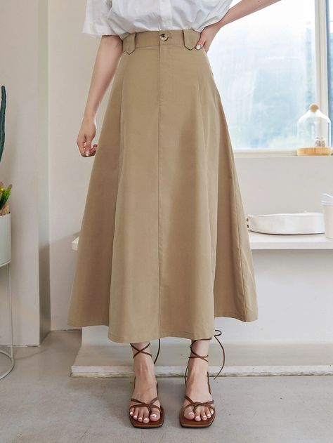 DAZY Solid High Waist Flared Skirt | SHEIN USA Khaki Skirt Outfits, Shein Aesthetic, High Waisted Skirt Outfit, Shein Skirts, Skirt Outfits Summer, Split Hem Skirt, Long Skirt Outfits, Women Bottoms, Khaki Fashion