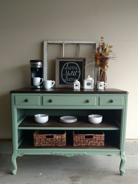 Antique dresser turned coffee bar Refurbished Dresser To Coffee Bar, Turn Dresser Into Coffee Bar, Coffee Bar Refurbished, Armoir Makeover Diy, Dresser As Coffee Bar, Dresser Coffee Bar Ideas, Dresser Turned Coffee Bar, Upcycled Coffee Bar, Dresser Turned Into Coffee Bar