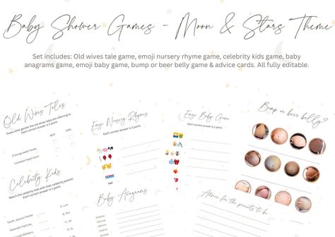 Moon & Stars Themed Baby Shower Games 🌙✨ Set of 6 games & set of advice cards.  Games include:  - Old wives tale game  - Emoji baby game  - Emoji nursery rhyme game  - Baby anagrams game  - Celebrity kids game  - Bump or beer belly game  - Advice cards for the parents to be  Editable Digital Download - please note NO physical item will be posted, this is a digital download where you can edit and print the item yourself.  Once purchase is complete you will receive a PDF document with a link to t Nursery Rhyme Game, Star Baby Shower Theme, Nursery Rhymes Games, Old Wives Tale, Advice Cards, Celebrity Kids, Moon Stars, Baby Games, Shower Games