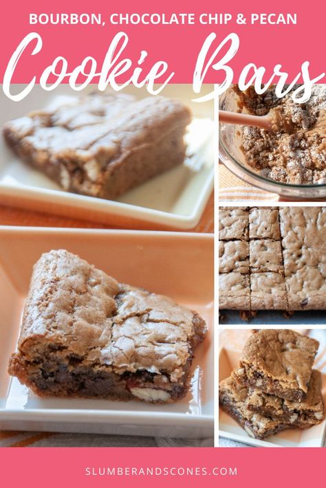 Bourbon Bar Cookies with Toffee, Pecans, and Chocolate Chips are chewy and gooey bourbon flavored cookie bars, filled with pecans, chocolate chips, and toffee bits for a sweet and flavorful treat. This easy step-by-step recipe is perfect for a low-effort dessert. These cookie bars don't require any chilling or shaping, and bake all at once in a single pan. They are simple to put together at the last minute, for a quick and fun snack. #cookiebars #blondies Brown Butter Bourbon Pecan Blondies, Browned Butter Bourbon Pecan Chocolate Chunk Cookies, Brown Butter Bourbon Blondies, Browned Butter Bourbon Chocolate Chip Cookies, S’mores Chewy Cookie Bars, Bourbon Cookies, Moist Brownies, Chocolate Chip Pecan Cookies, Pecan Bars