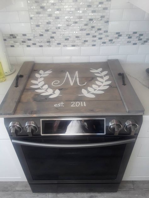 Custom stained stove covers with or without custom decal Flat Top Stove, Electric Stove Top Covers, Stove Covers, Wooden Stove Top Covers, Wooden Stove, Modern Stoves, Stove Burner Covers, Noodle Board, Stove Top Cover