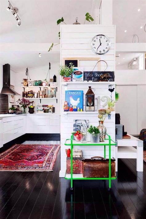 Black Floors, Black Floor, Eclectic Home, Bohemian Decor, 인테리어 디자인, White Walls, Kitchen Inspirations, A Living Room, Kitchen Interior