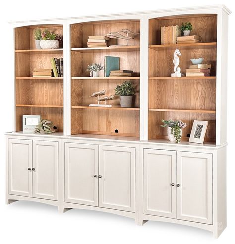 Alder Wood McKenzie 98.5"W Modular Cabinet & Hutch Wall Unit. This item is stocked in Snowbound and Natural finish. This package features one 30", 36" and 30" base cabinets with doors, and one 30", 36" and 30" open hutches to complete a 6 piece wall unit. Features one shelf that can be adjusted behind each set of doors and three shelves that can be adjusted in each upper unit. Choices include: Choose: 24", 30", 36" or 48" case width base cabinets with doors Add optional hutch to match Choose Large Cabinets In Living Room, Built In Book Shelves Office, Built In Shelves With Doors, Bookshelves With Cabinets Below, Bookcase With Cabinet Base, Cabinet With Shelves Above, Build In Shelves Living Room, Built In Cabinets Living Room, Wood Wall Cabinet