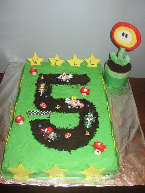 Mario Kart Birthday Cake, Rory's Birthday, Mario Kart Birthday, Birthday Cake Easy, Mario Kart Cake, Mario Birthday Cake, Mario Bros Cake, 5 Cake, Super Mario Bros Birthday Party