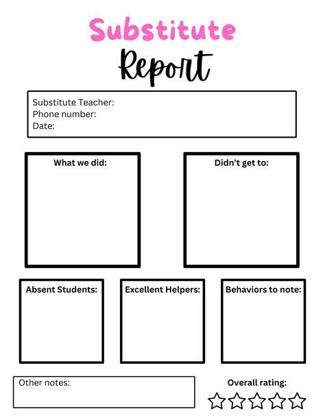 Substitute teacher report template- instant PDF download! Perfect for substitute teachers to print off and fill out after a day of teaching. Substitute Teacher Feedback Form, Substitute Teacher Report, Absent Students, Substitute Teacher, Diy Classroom, School Help, Report Template, Hate Speech, Teaching Ideas