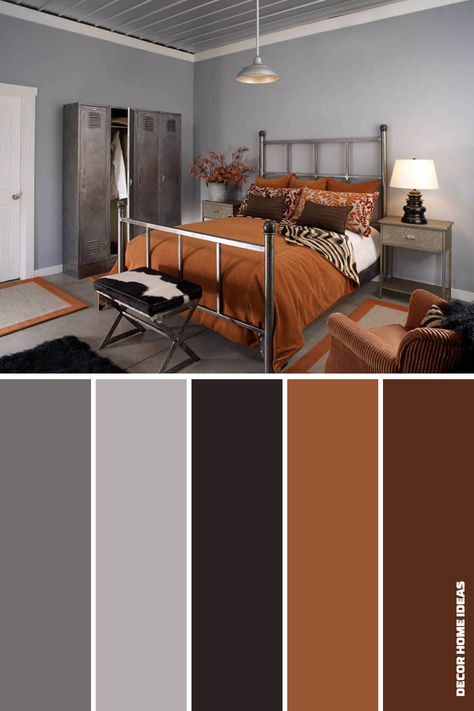 19. Gray Brown Bedroom Ideas, Gray And Orange Bedroom, Grey Brown Color Palette, Gray And Brown Bedroom Ideas, Gray Bedroom Color Schemes, Grey Brown Bedrooms, Gray Color Schemes, Grey Colour Scheme Bedroom, Industrial Bed Frame