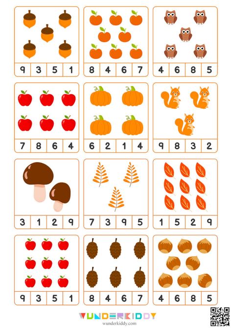 Printable Fall Theme Count And Clip Cards Math Game for Preschool Kindergarten Logic Worksheets, Fall Activity For Preschool, Numbers Activity For Kindergarten, Maths Activity For Kindergarten, Autumn Theme Preschool, Preschool Fall Worksheets, Autumn Kindergarten Activities, Math Preschool Worksheets, Autumn Preschool Activities