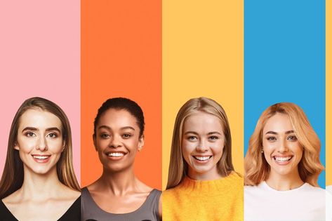 Row Of Cheerful Ladies Portraits In Collage. Happy Beautiful Millennial Women Smiling To Camera Posing On Bright Colorful Backgrounds. People Headshots Set. Multiethnic Female Beauty. Panorama People Headshots, Bright Background, Wallpaper Pc, Beauty Women, Colorful Backgrounds, The Row, Collage, Beauty, Quick Saves