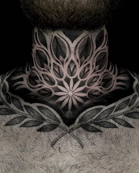 Mandala Throat Tattoo Men, Neck Filler Tattoo, Men’s Throat Tattoos, Mandala Neck Tattoo Men, Blackwork Neck Tattoo, Chest And Arm Tattoo, Geometric Neck Tattoo, Throat Tattoo Men, Mandala Neck Tattoo