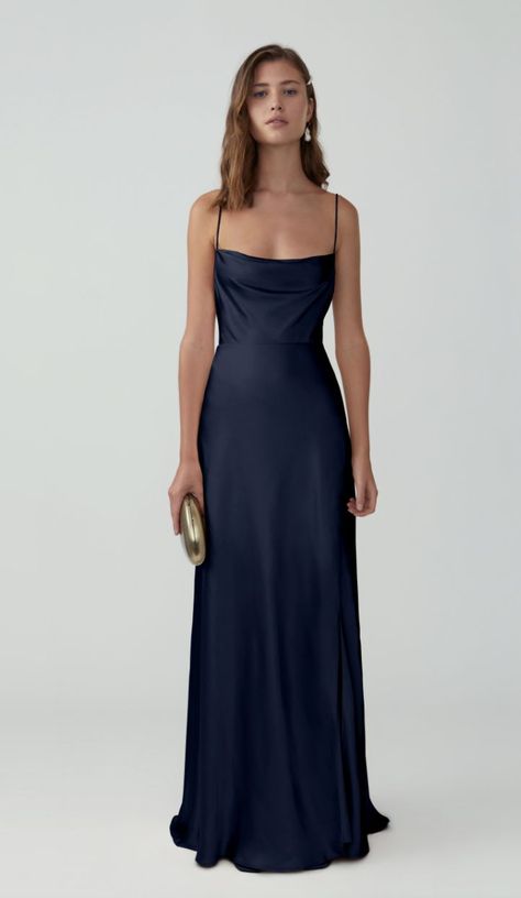 Timeless Dresses Prom, Prom Dress Satin Blue, Simple Banquet Dresses, Long Winter Ball Dresses, Prom Dresses Minimalist, Dark Blue Prom Dress Simple, Dark Blue Simple Prom Dress, Navy Blue 90s Prom Dress, Navy Blue Dress Silk