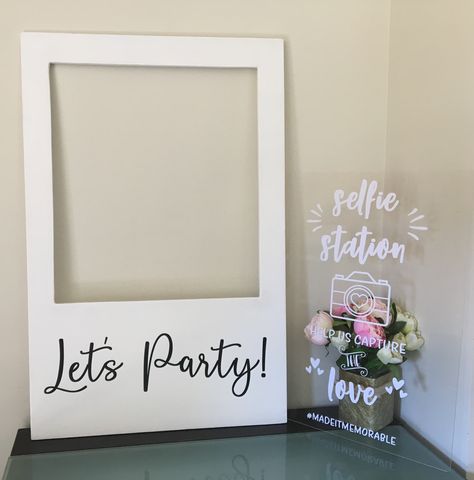 Create a selfie station for your next event! Add some props for that extra element of fun! Party Frames Diy Photo Booths, Selfie Station, Selfie Station Ideas, Selfie Frames Ideas Events, Selfie Board Frame Ideas, How To Make Selfie Photo Frame, Photo Prop Frame Birthday, Frame Props, Photo Frame Prop